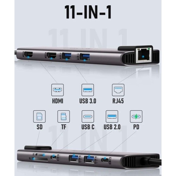 Lemorele TC65L Type C 11-in-1 USB Hub HDMI SD Micro SD Hub With Gigabit Ethernet - Picture 2 of 7